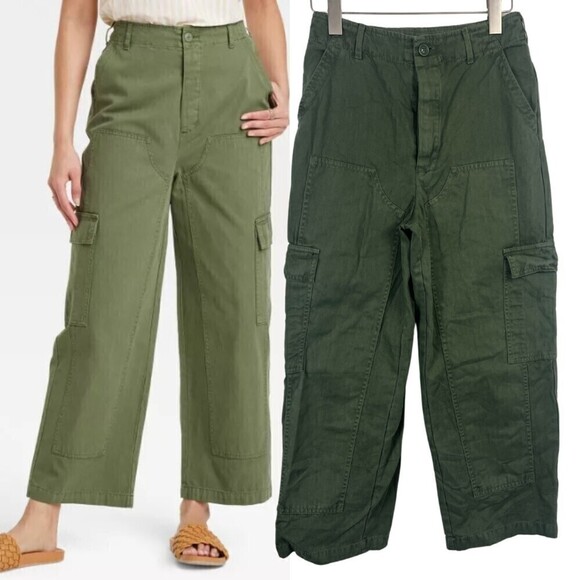Target Women Size 2 Wide Leg High Rise Green Cargo Ankle Pants Trouser Cotton - Picture 10 of 11